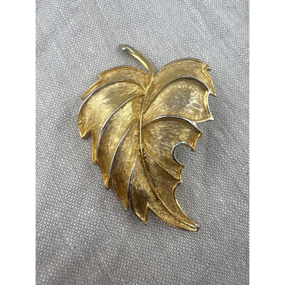 Vintage Two Tone Gold Silver Textured Leaf Brooch Pin Mid Century Modern Style